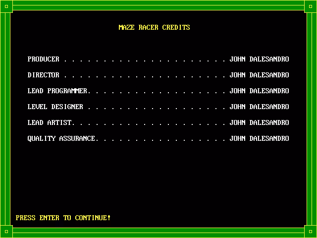 Screenshot of the game credits screen from Maze Racer.