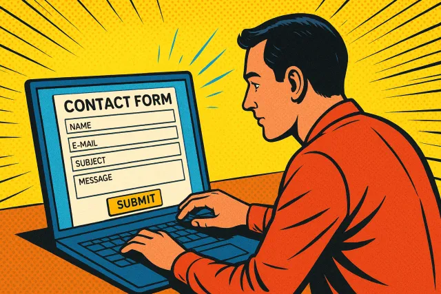 AI generated illustration of a person using a laptop to submit a contact form.