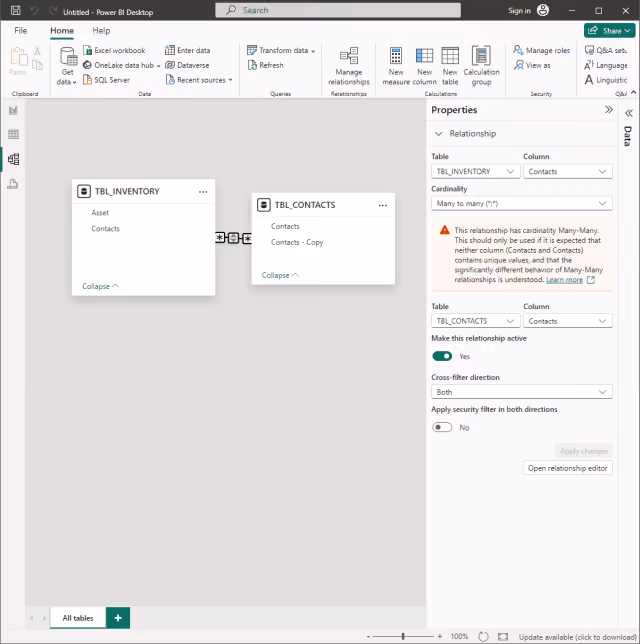 Screenshot of the model view in Power BI.