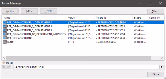 Screenshot of the 'Name Manager' dialog box in Excel.