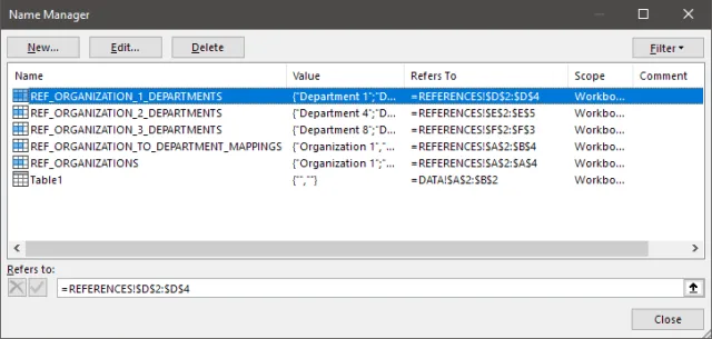 Screenshot of the 'Name Manager' dialog box in Excel.