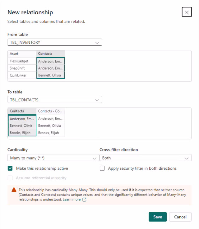Screenshot of the 'New relationship' configuration in Power BI.