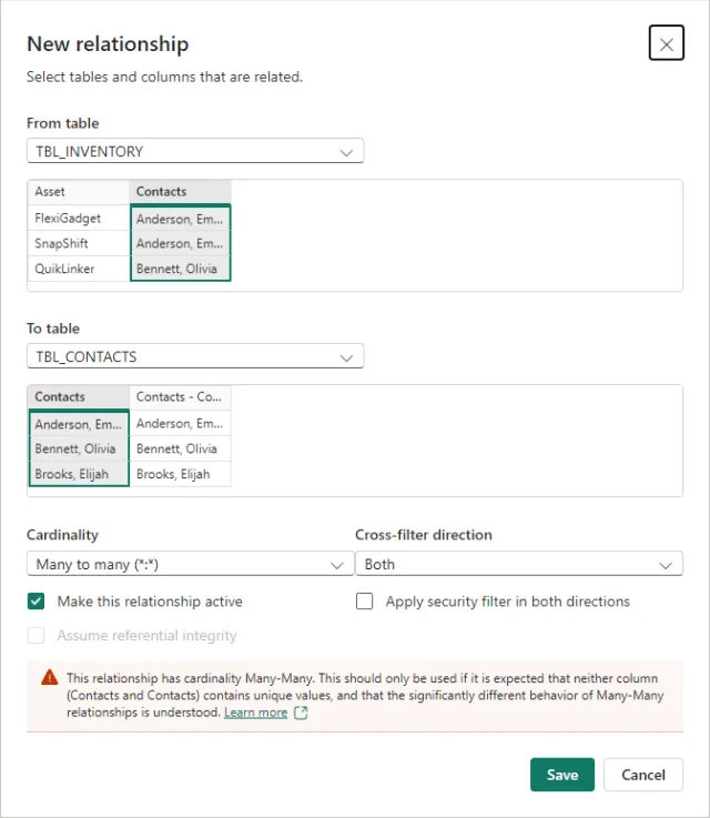 Screenshot of the 'New relationship' configuration in Power BI.
