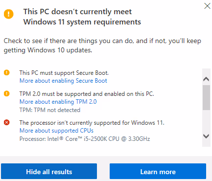 Screenshot of the Microsoft PC Health Check application displaying the Windows 11 compatibility check and ineligibility message.