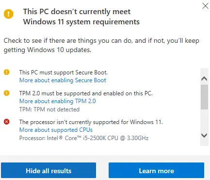 Screenshot of the Microsoft PC Health Check application displaying the Windows 11 compatibility check and ineligibility message.
