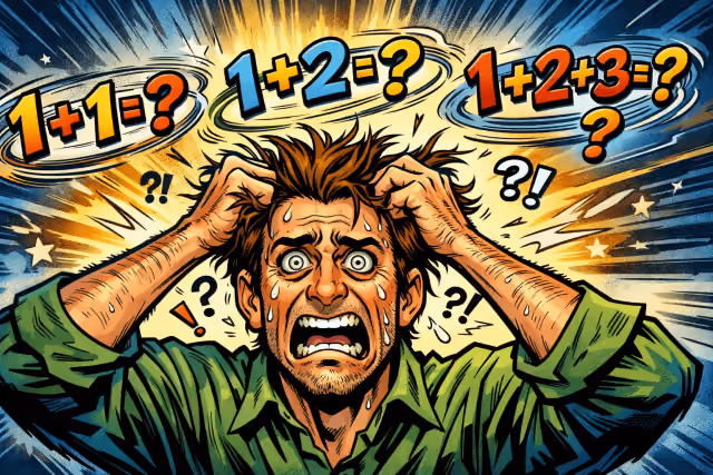 AI-generated image of a person confused by simple math problems.
