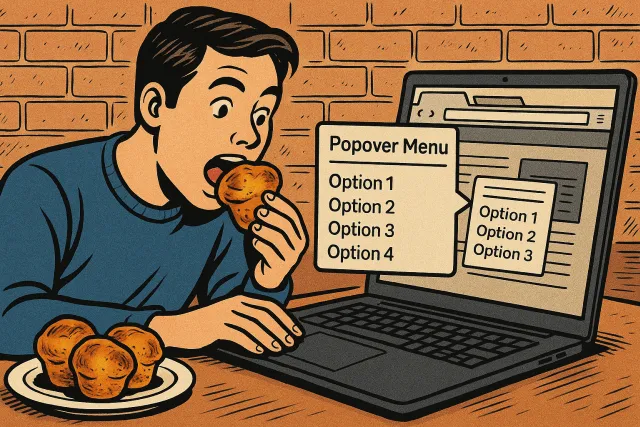 AI generated illustration of a person eating popovers while navigating a website using a menu created with the Popover API.