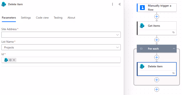 Screenshot of the Delete Item action parameters in Power Automate.