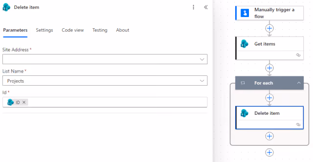Screenshot of the Delete Item action parameters in Power Automate.