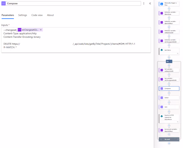 Screenshot of the Compose batch body parameters in Power Automate.