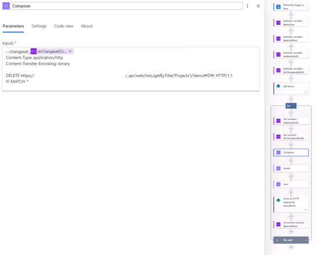 Screenshot of the Compose batch body parameters in Power Automate.
