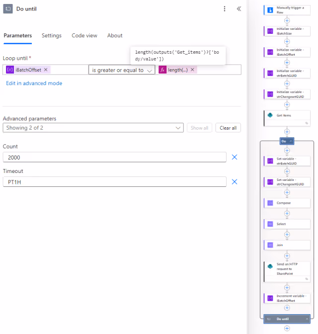 Screenshot of the Do Until loop parameters in Power Automate.