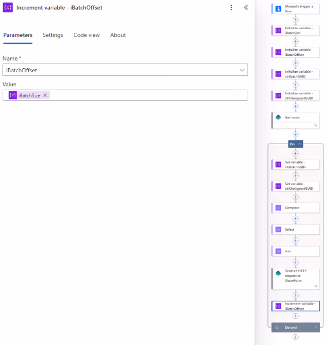 Screenshot of the Increment Variable action parameters in Power Automate.