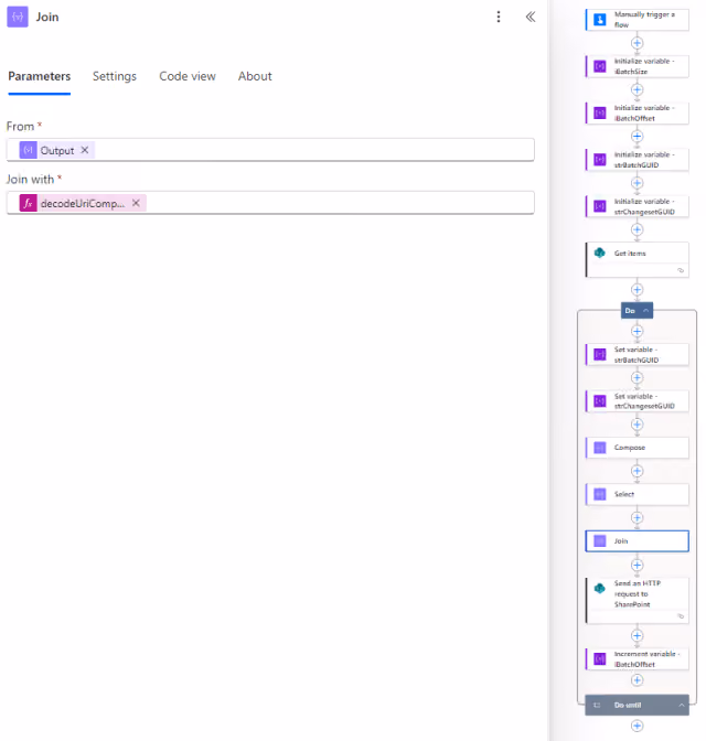 Screenshot of the Join action parameters in Power Automate.