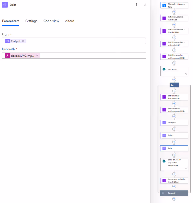 Screenshot of the Join action parameters in Power Automate.