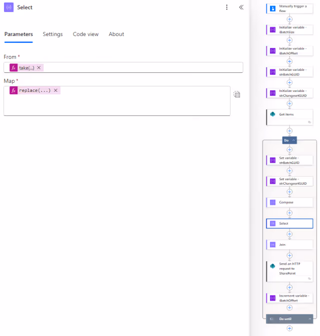 Screenshot of the Select action parameters in Power Automate.