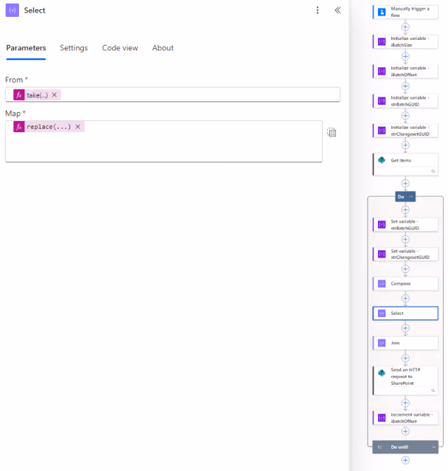 Screenshot of the Select action parameters in Power Automate.