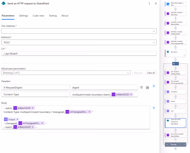 Screenshot of the Send an HTTP Request to SharePoint action parameters for the Batch API in Power Automate.