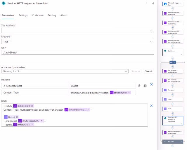 Screenshot of the Send an HTTP Request to SharePoint action parameters for the Batch API in Power Automate.
