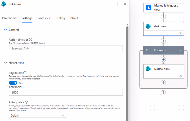 Screenshot of the Get Items action Pagination settings in Power Automate.