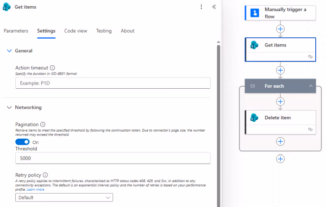 Screenshot of the Get Items action Pagination settings in Power Automate.