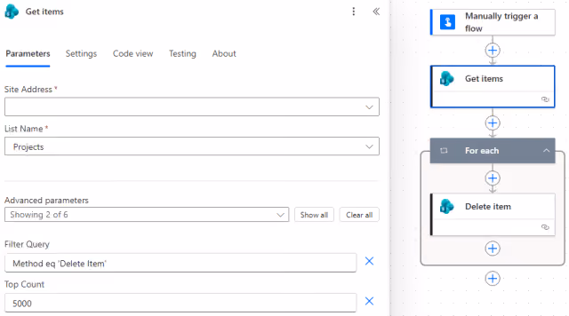 Screenshot of the Get Items action parameters in Power Automate.