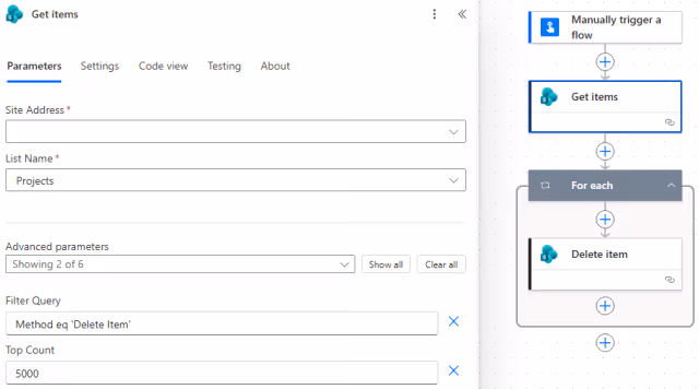 Screenshot of the Get Items action parameters in Power Automate.