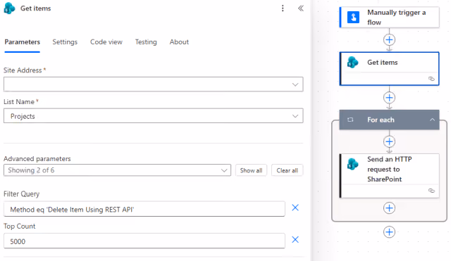 Screenshot of the Get Items action Filter Query and Top Count parameters in Power Automate.