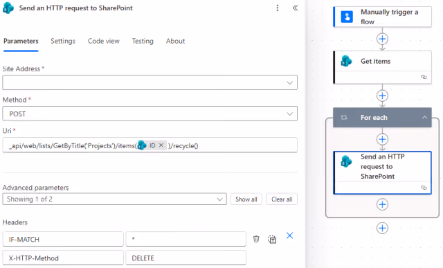 Screenshot of the Send an HTTP request to SharePoint parameters using the Recycle endpoint in Power Automate.