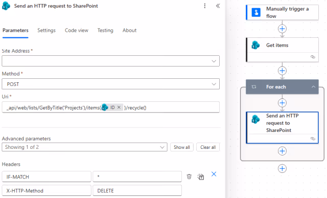 Screenshot of the Send an HTTP request to SharePoint parameters using the Recycle endpoint in Power Automate.
