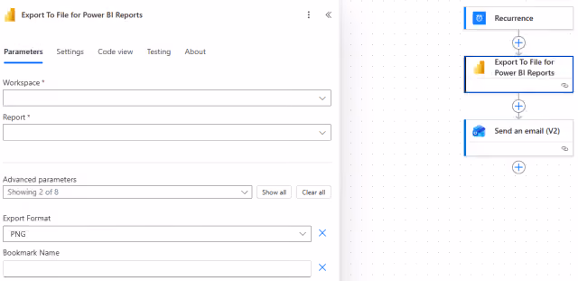 Screenshot of the export to file for Power BI reports action settings in Power Automate.