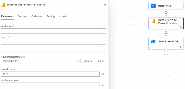 Screenshot of the export to file for Power BI reports action settings in Power Automate.