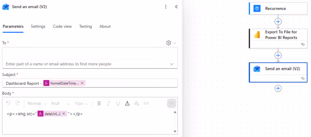 Screenshot of the send an email (V2) action settings in Power Automate.