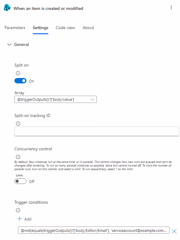 Screenshot of the trigger condition settings in Power Automate.