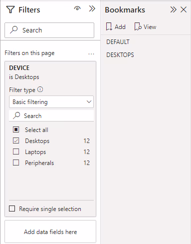 Screenshot of the bookmark configuration in Power BI.