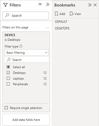 Screenshot of the bookmark configuration in Power BI.