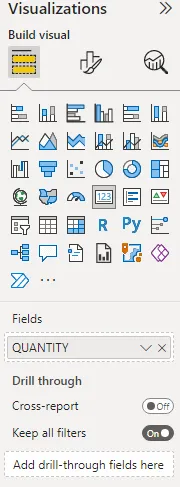 Screenshot of the card visualization data fields configuration in Power BI.