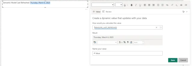 Screenshot of a text box configuration to display a dynamic value in Power BI.