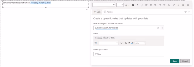 Screenshot of a text box configuration to display a dynamic value in Power BI.