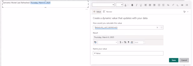 Screenshot of a text box configuration to display a dynamic value in Power BI.