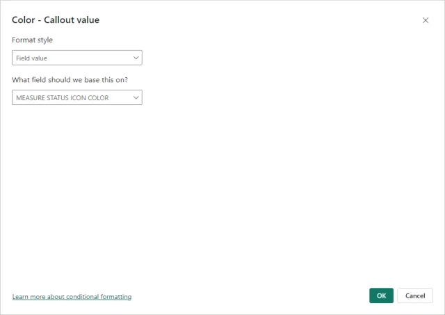 Screenshot of the card visualization data label color fx configuration in Power BI.