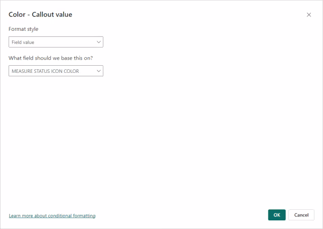 Screenshot of the card visualization data label color fx configuration in Power BI.