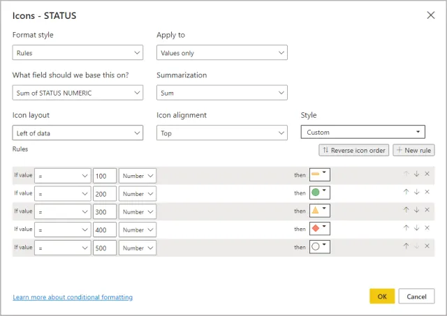 Screenshot of the conditional formatting configuration for default icons in Power BI.