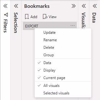 Screenshot of the edit bookmark options in Power BI Desktop.