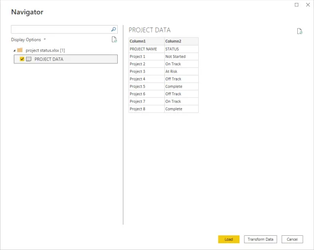 Screenshot of the data import process 'Navigator' screen in Power BI.