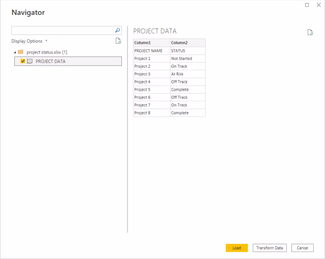 Screenshot of the data import process 'Navigator' screen in Power BI.