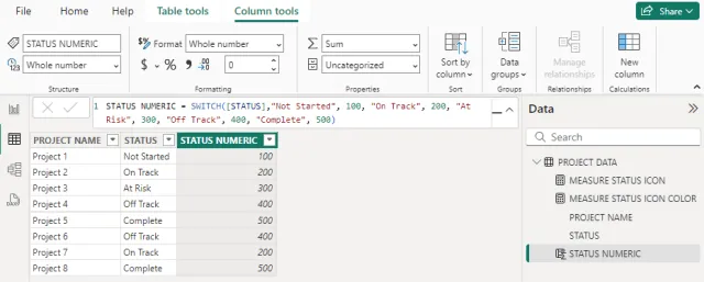 Screenshot of the configuration to add a new column mapping text values to numeric using a SWITCH function in Power BI.