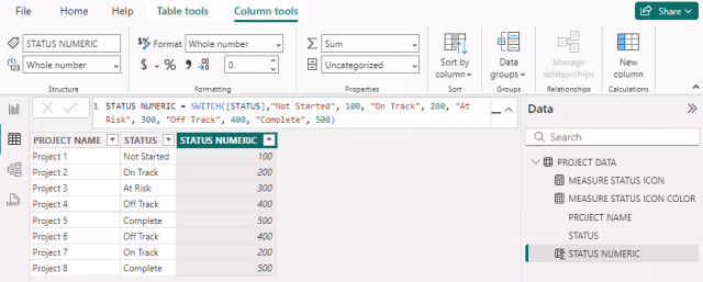 Screenshot of the configuration to add a new column mapping text values to numeric using a SWITCH function in Power BI.