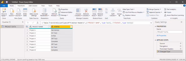 Screenshot of the query step to use the first row as headers in Power Query.