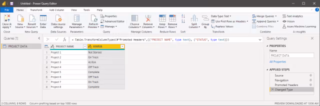 Screenshot of the query step to use the first row as headers in Power Query.